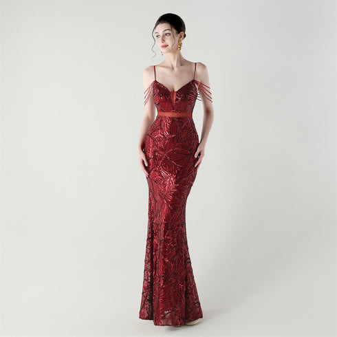 Graceful Sequin Embellished Mesh Mermaid Maxi Dress